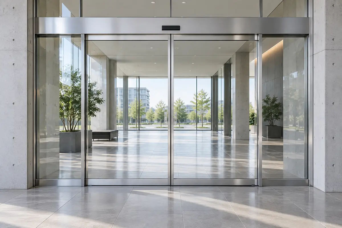 Sleek modern automatic sliding glass doors at the entrance of a contemporary building with polished floors.