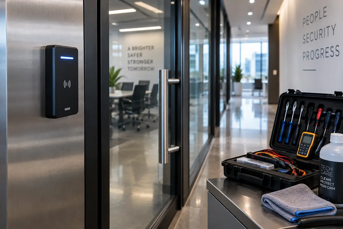 Modern electronic access control scanner and maintenance tools beside an office glass door in a commercial building.