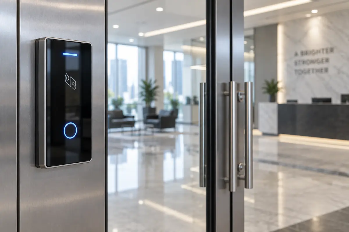 Modern electronic access control system mounted by glass doors in a corporate office lobby.